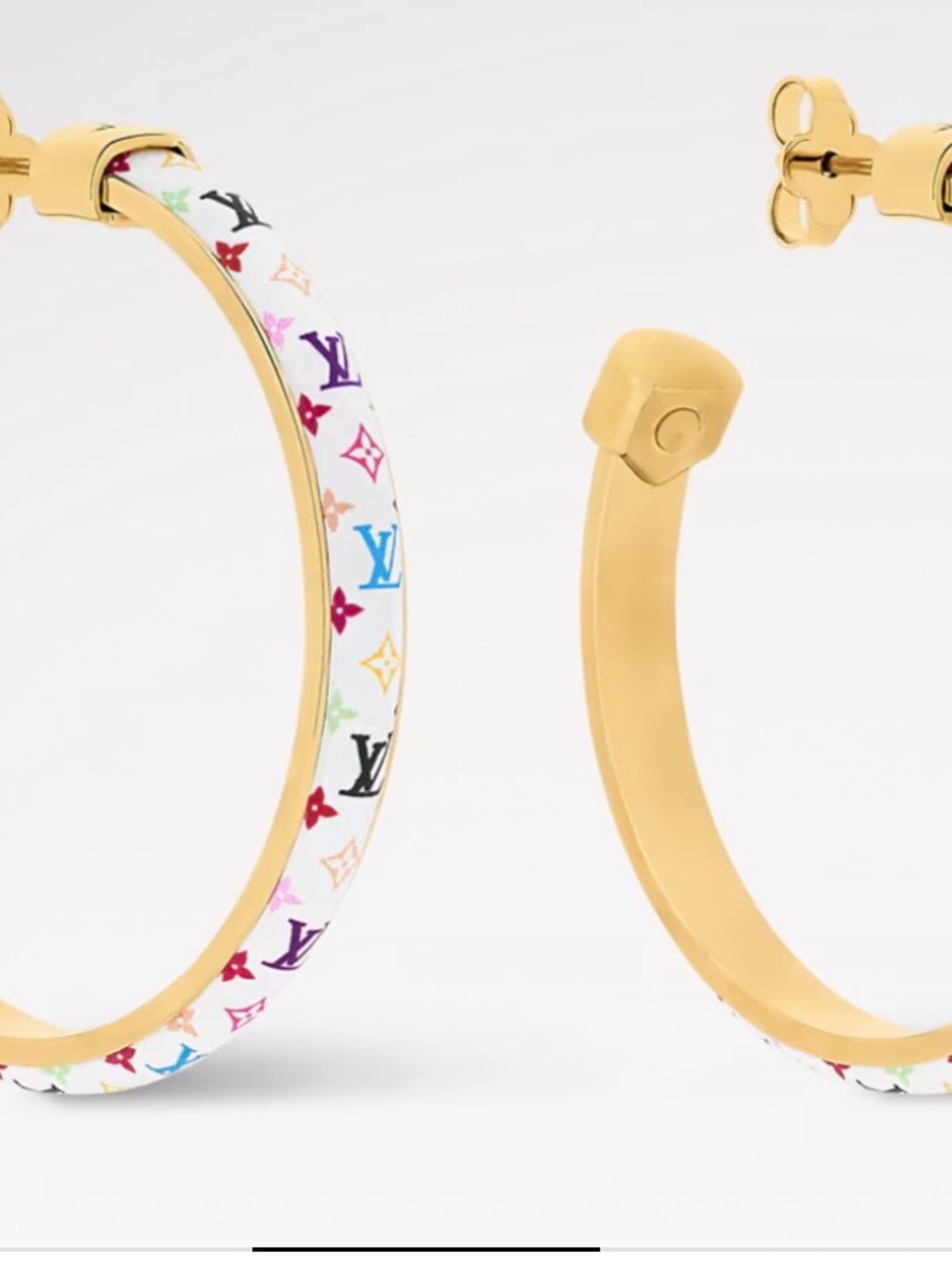 Louis Vuitton White Multicolor Monogram Gold-Trim Hoop Earrings with box - Picture 2 of 6